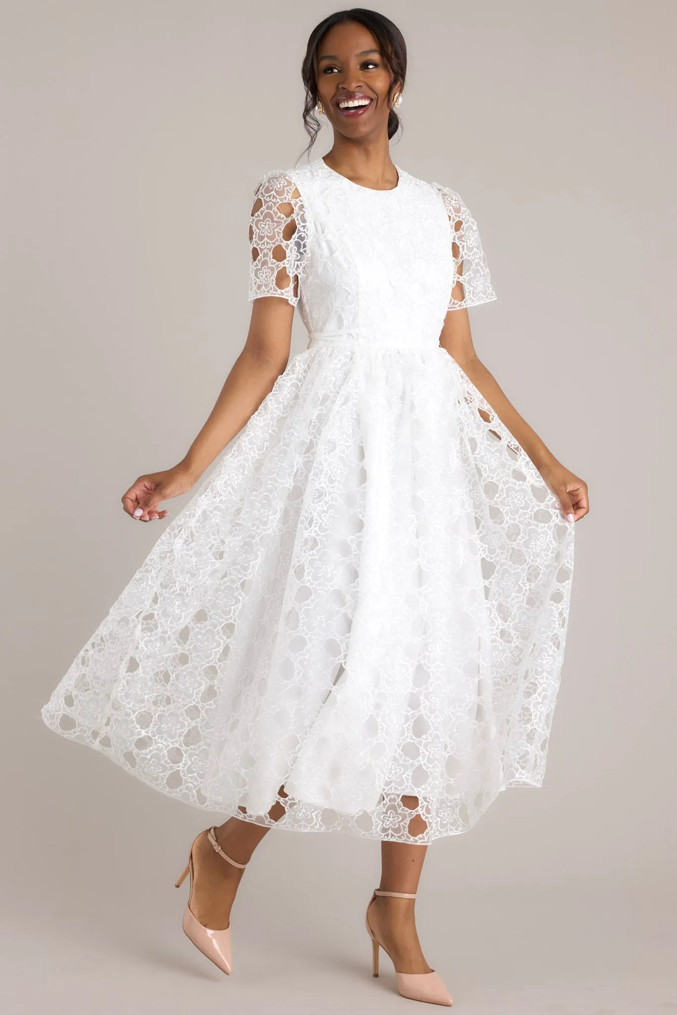 Life’s Pathways White Floral Embroidered Midi Dress