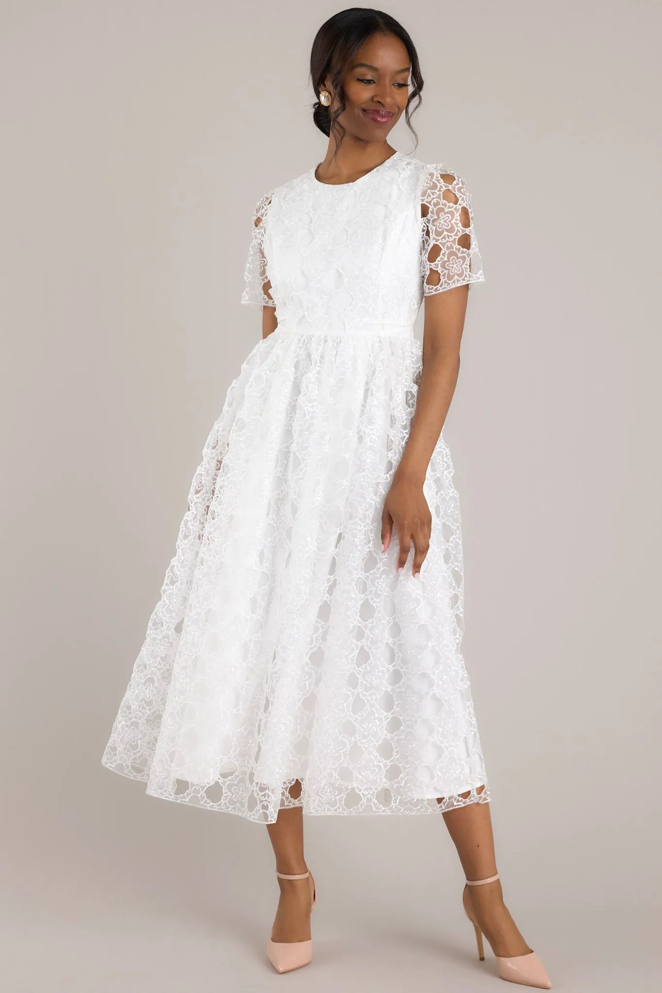 Life’s Pathways White Floral Embroidered Midi Dress