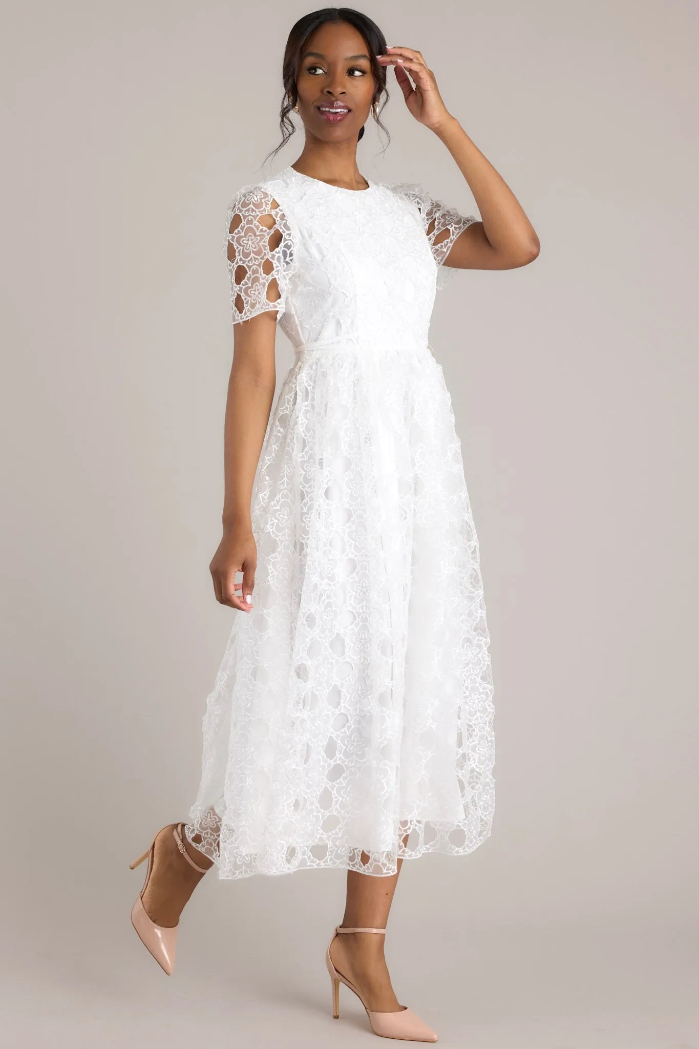 Life’s Pathways White Floral Embroidered Midi Dress