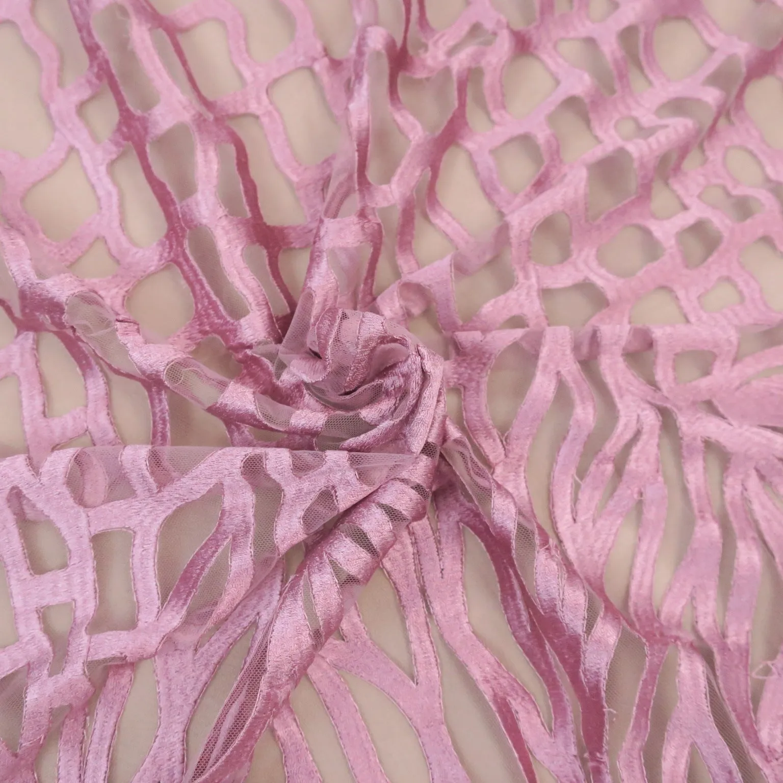 Light Pink Tulle with Floral Pattern Embroidered Fabric