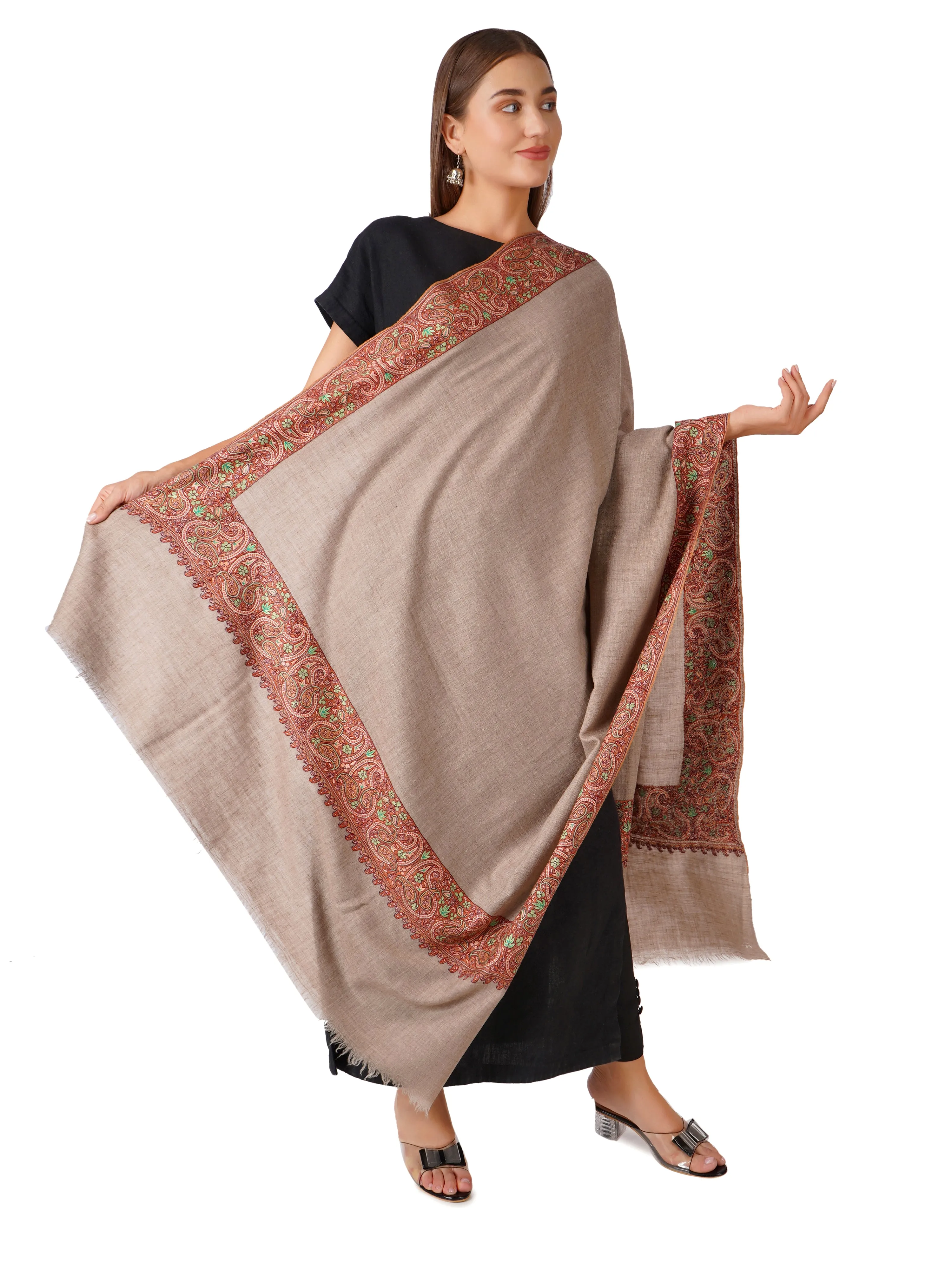 Luxurious Pashmina Shawl with Hand Sozni Border Embroidery - Natural Toosh