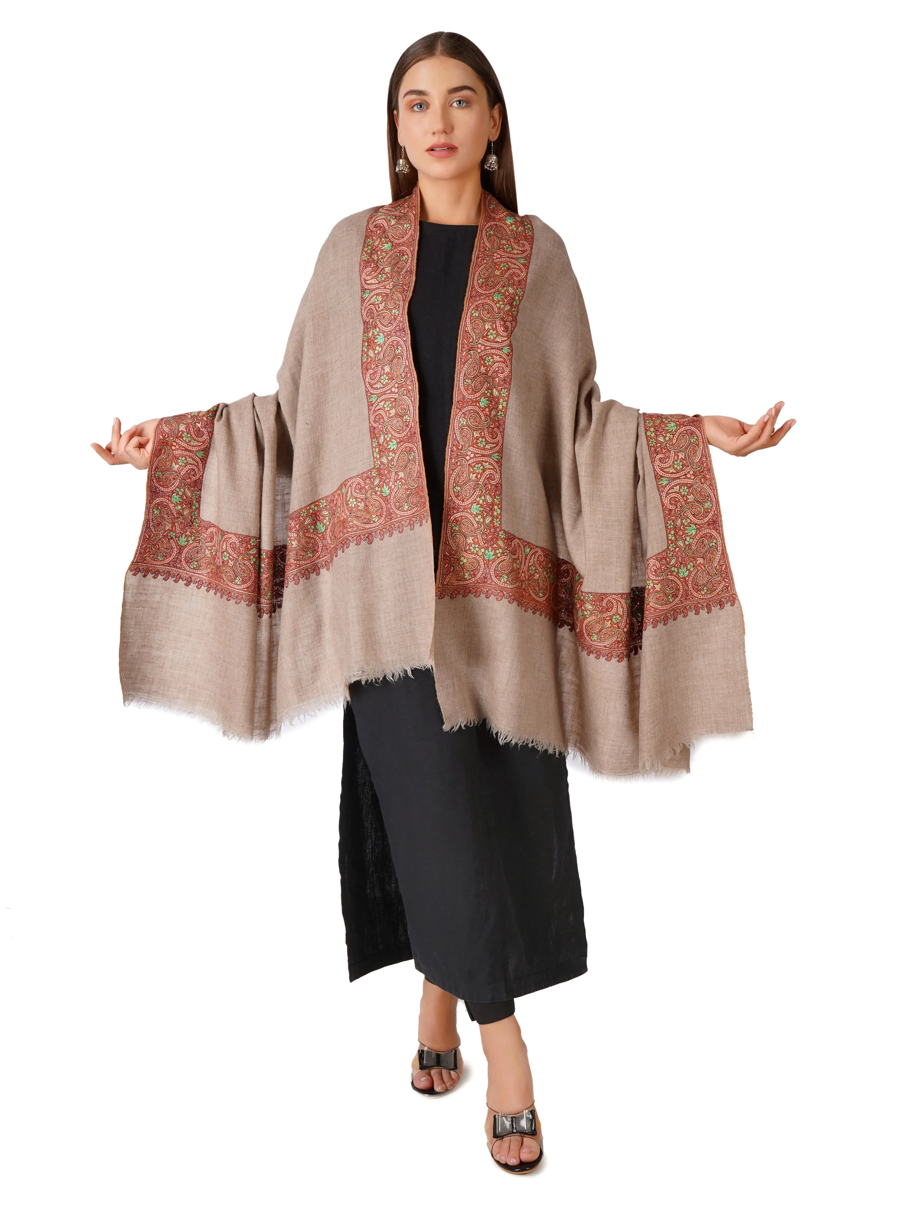 Luxurious Pashmina Shawl with Hand Sozni Border Embroidery - Natural Toosh