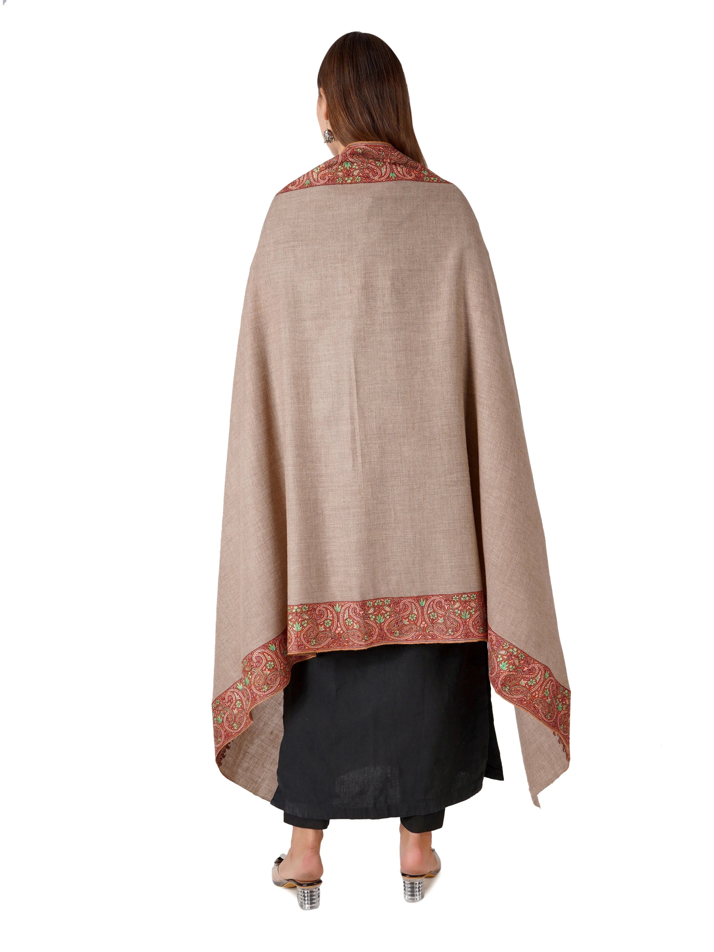 Luxurious Pashmina Shawl with Hand Sozni Border Embroidery - Natural Toosh