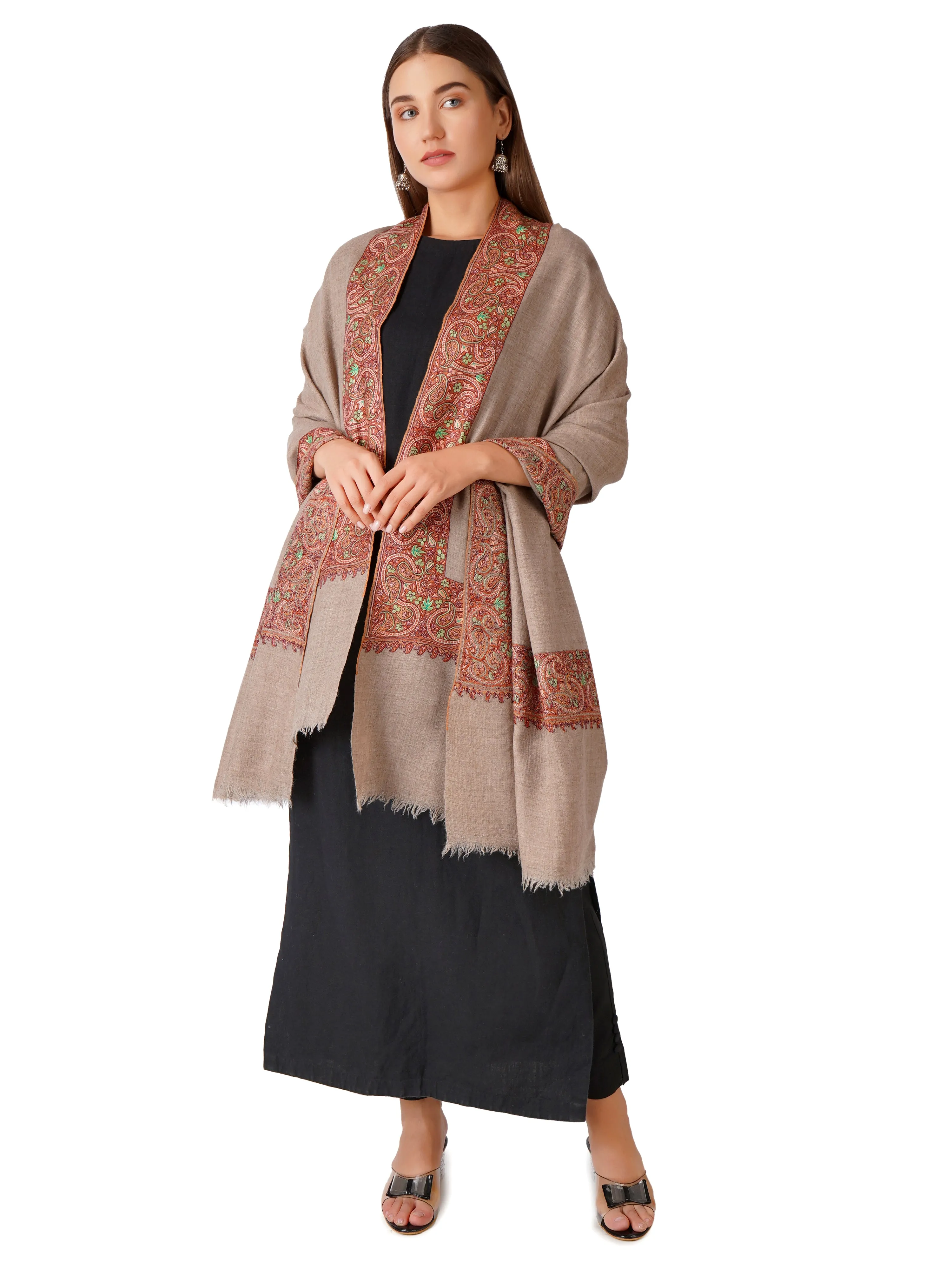 Luxurious Pashmina Shawl with Hand Sozni Border Embroidery - Natural Toosh
