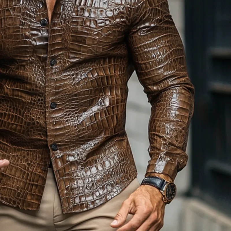 Men's Fashion Casual Slim Fit Textured Leather Long Sleeve Shirt 77733521K