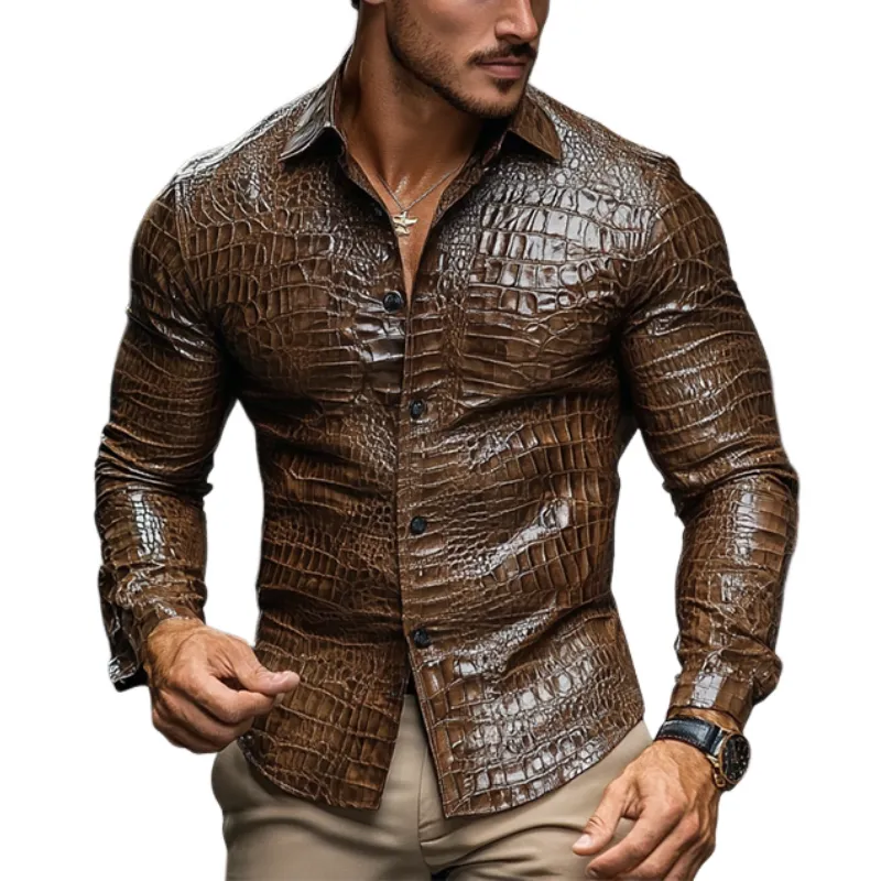 Men's Fashion Casual Slim Fit Textured Leather Long Sleeve Shirt 77733521K