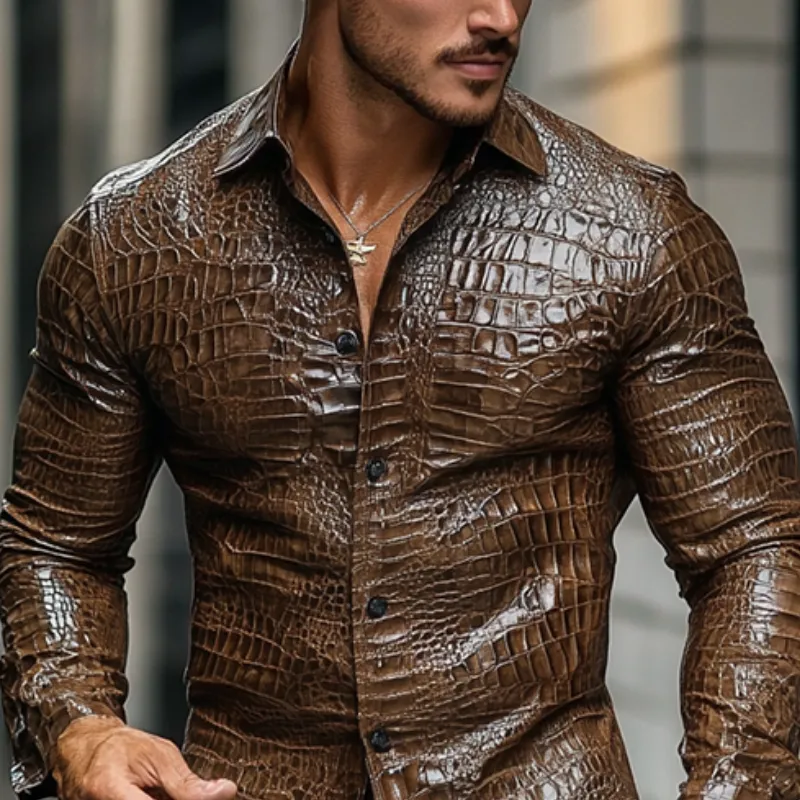 Men's Fashion Casual Slim Fit Textured Leather Long Sleeve Shirt 77733521K