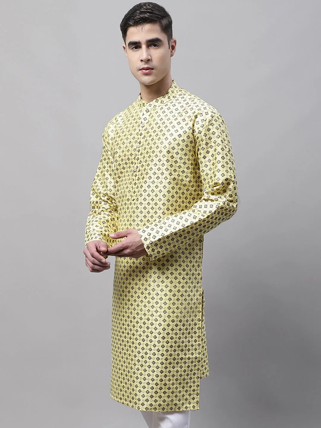 Men'S Yellow Printed Silk Blend Kurtas