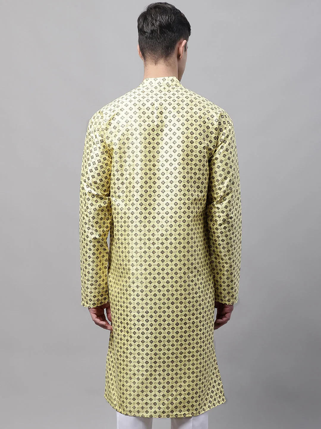 Men'S Yellow Printed Silk Blend Kurtas
