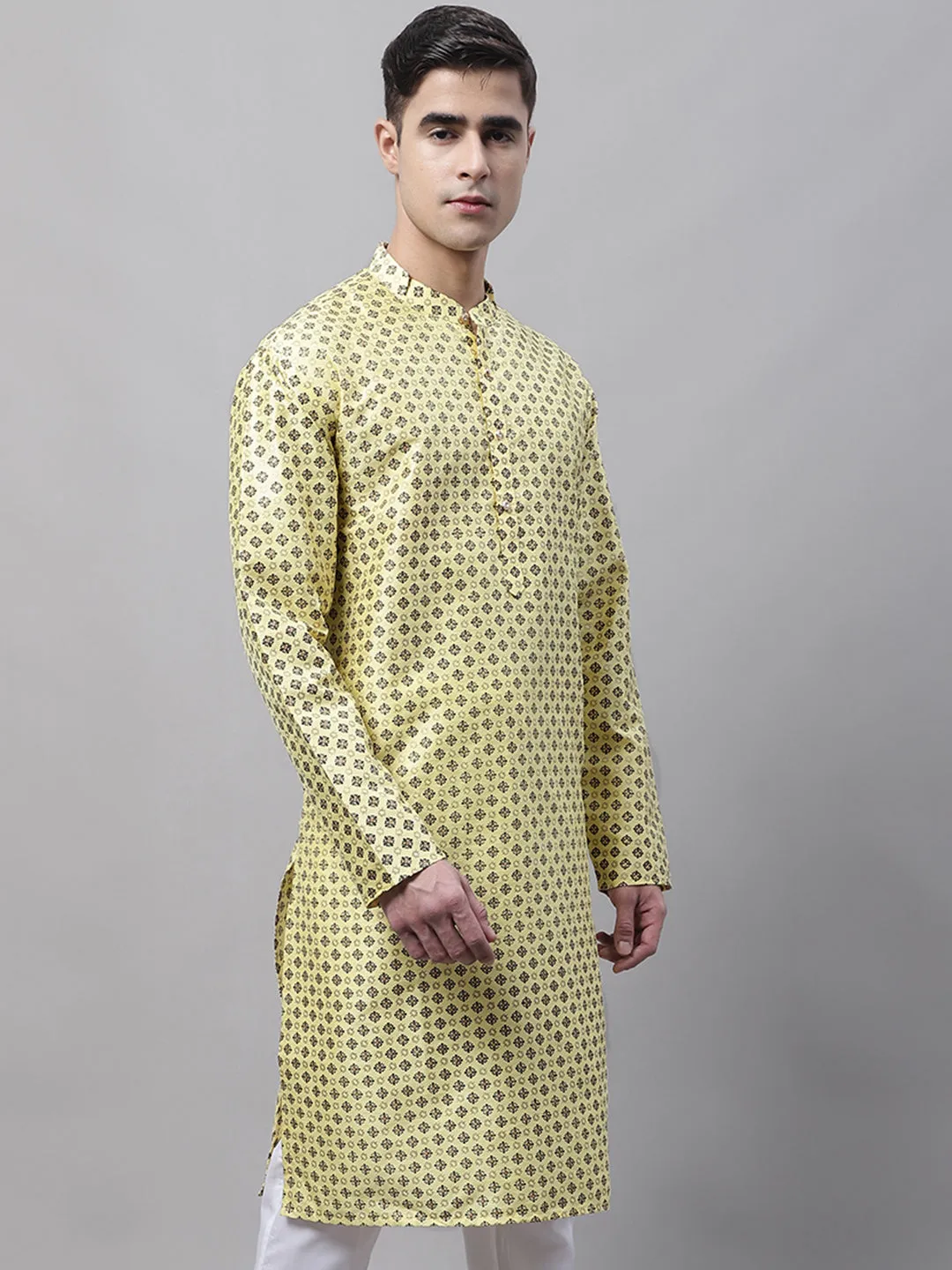 Men'S Yellow Printed Silk Blend Kurtas