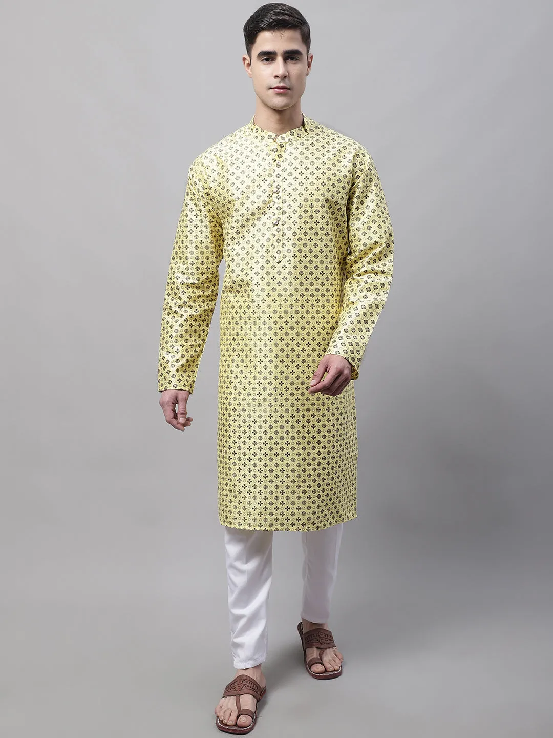 Men'S Yellow Printed Silk Blend Kurtas