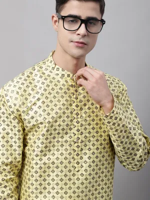 Men'S Yellow Printed Silk Blend Kurtas
