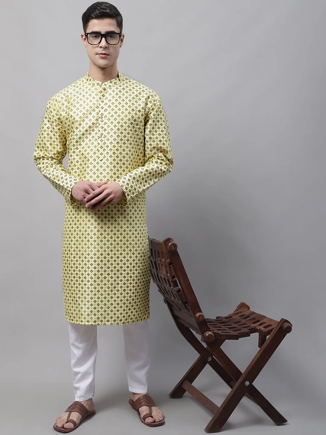 Men'S Yellow Printed Silk Blend Kurtas