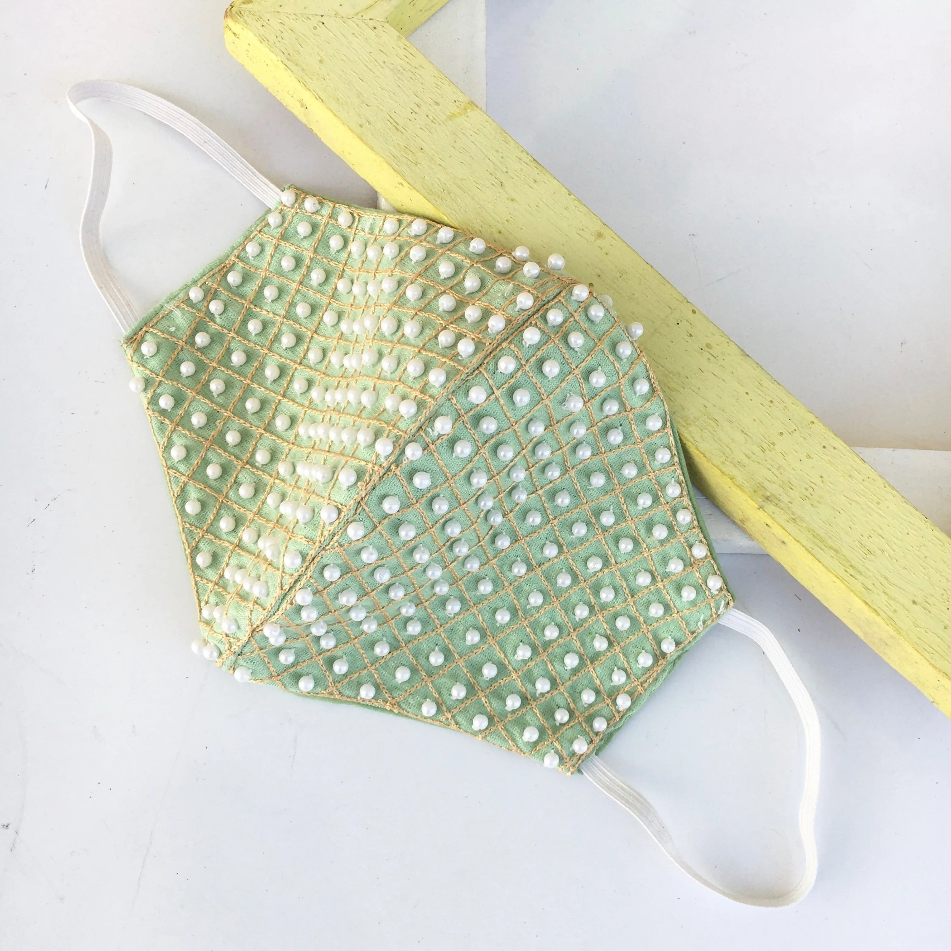 Mint Green Bead And Pearl Embroidered Mask