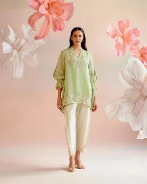 Mint Green Contrast Paisley Embroidered Tunic With Ivory Embroidered Tulip Pants