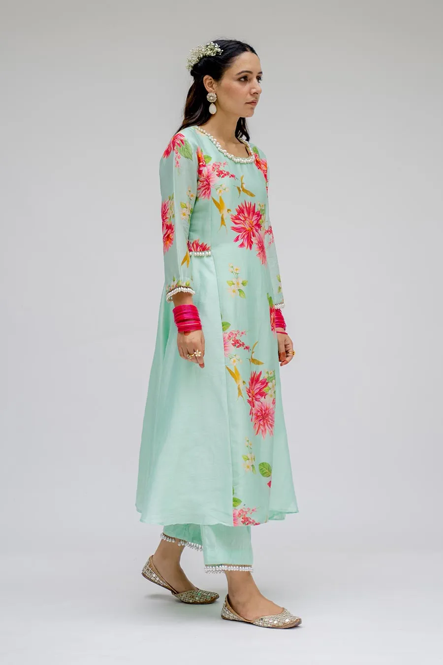 Mint Panel Kurta Set With Dupatta