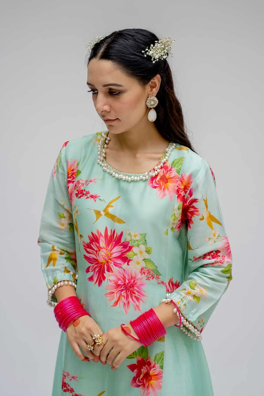 Mint Panel Kurta Set With Dupatta