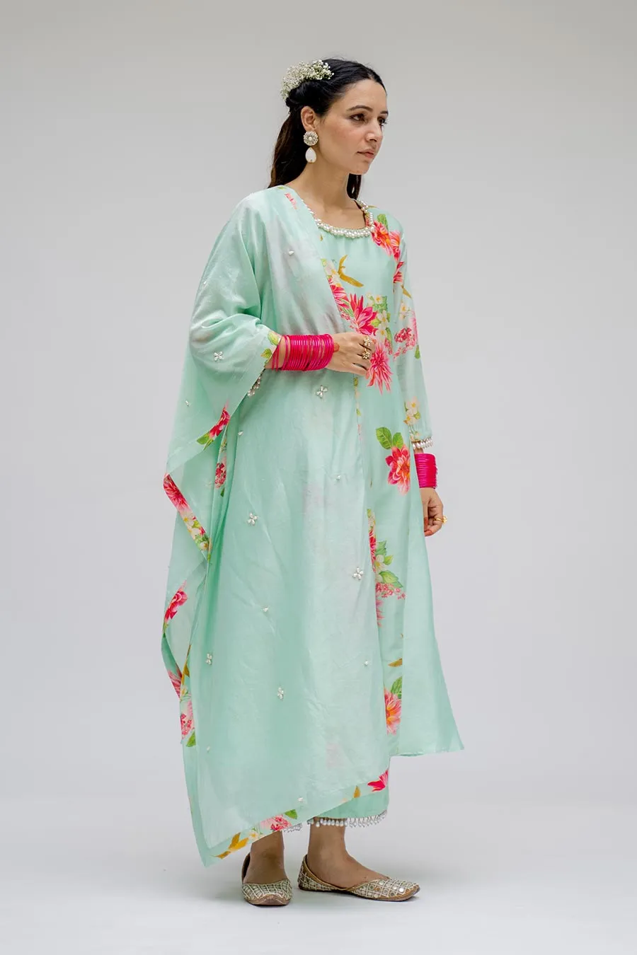 Mint Panel Kurta Set With Dupatta