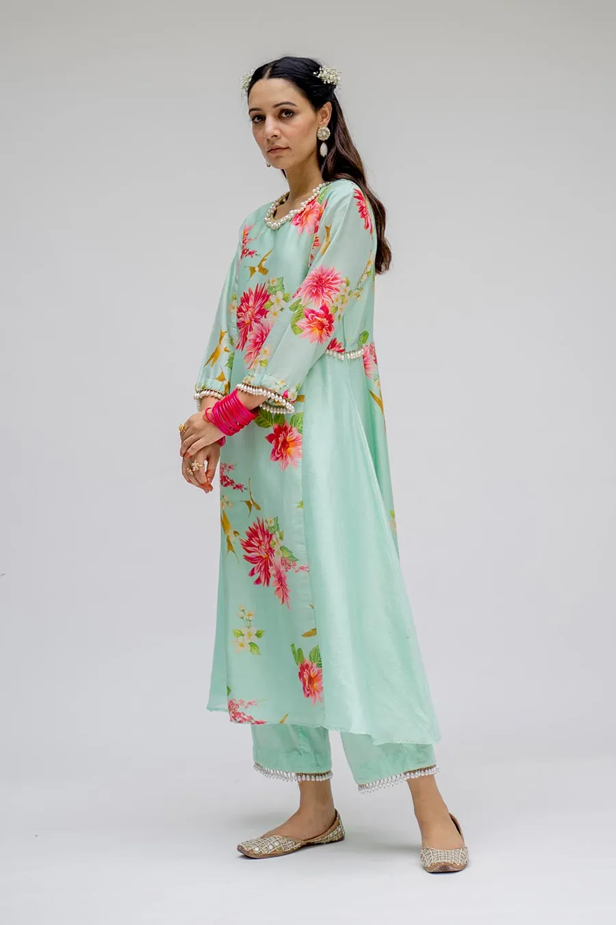 Mint Panel Kurta Set With Dupatta