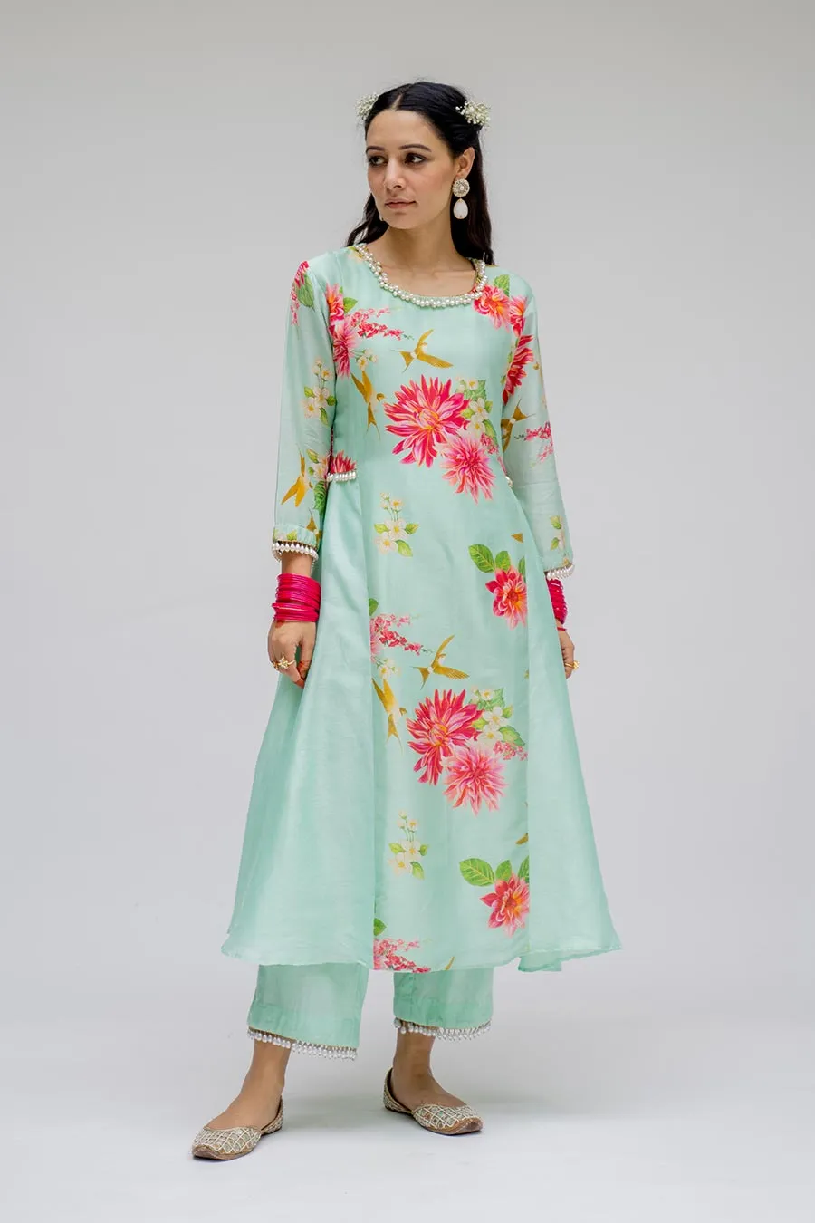 Mint Panel Kurta Set With Dupatta