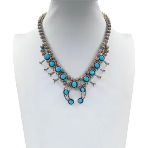Navajo Silver Shadowbox Turquoise Vintage Baby Squash Blossom Necklace