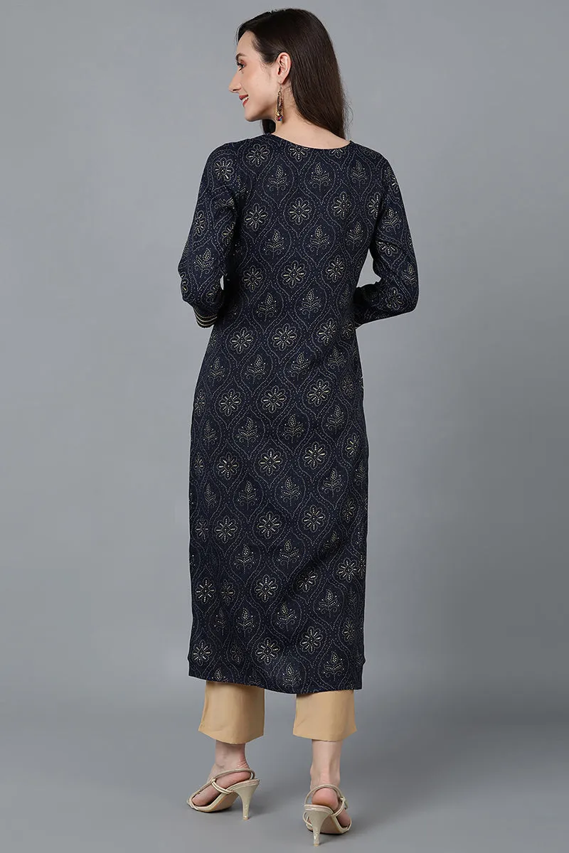 Navy Blue Silk Blend Straight Kurtas