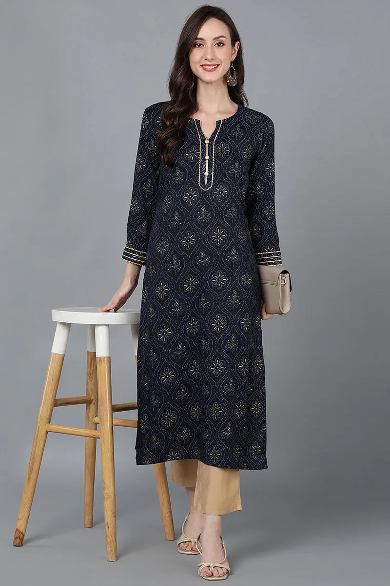 Navy Blue Silk Blend Straight Kurtas