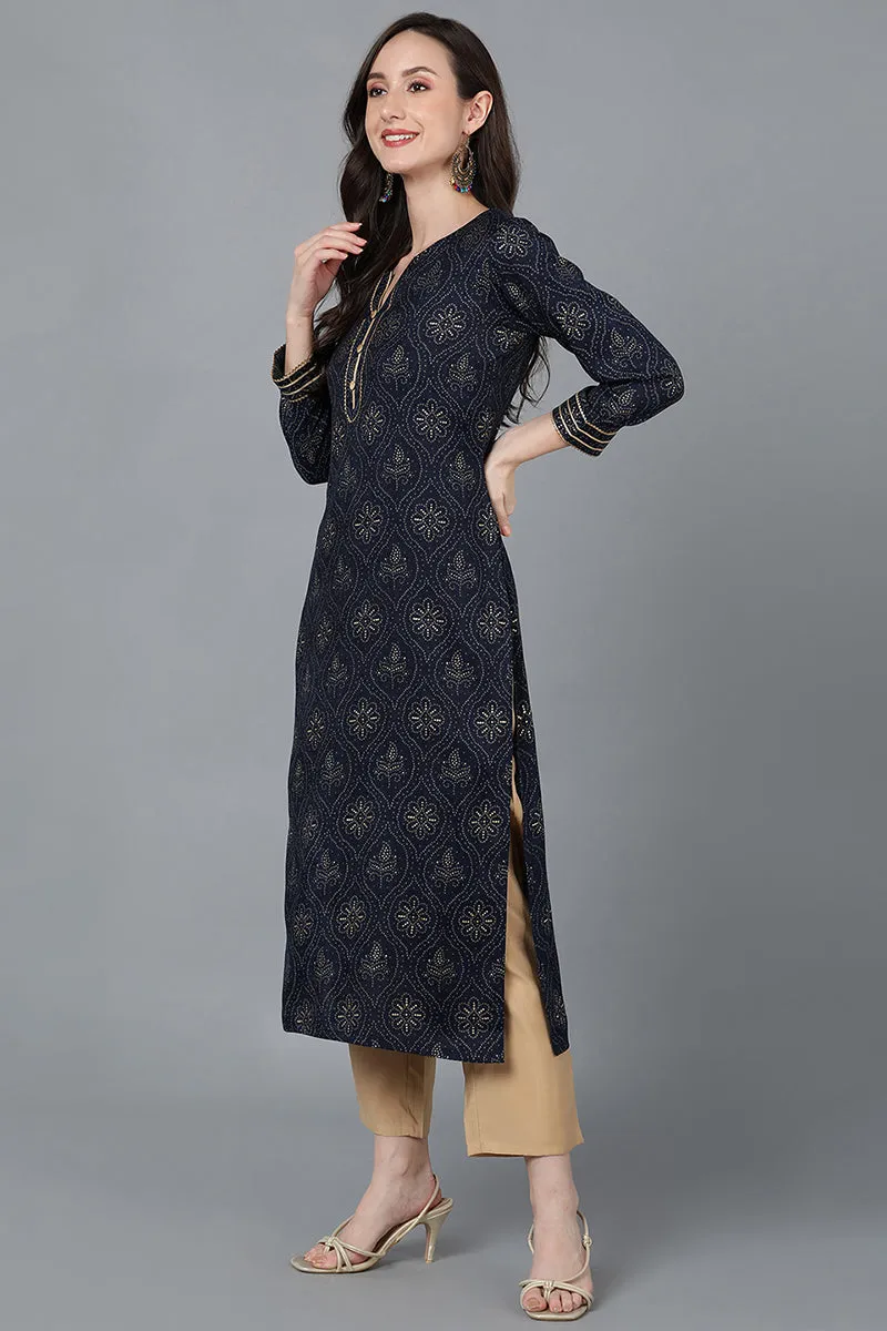 Navy Blue Silk Blend Straight Kurtas