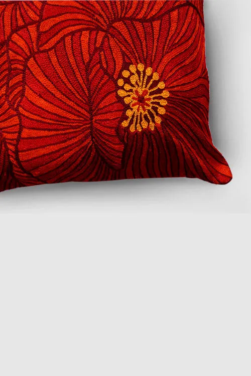 Poppies Chainstitch Embroidered Cushion Cover Red & Yellow