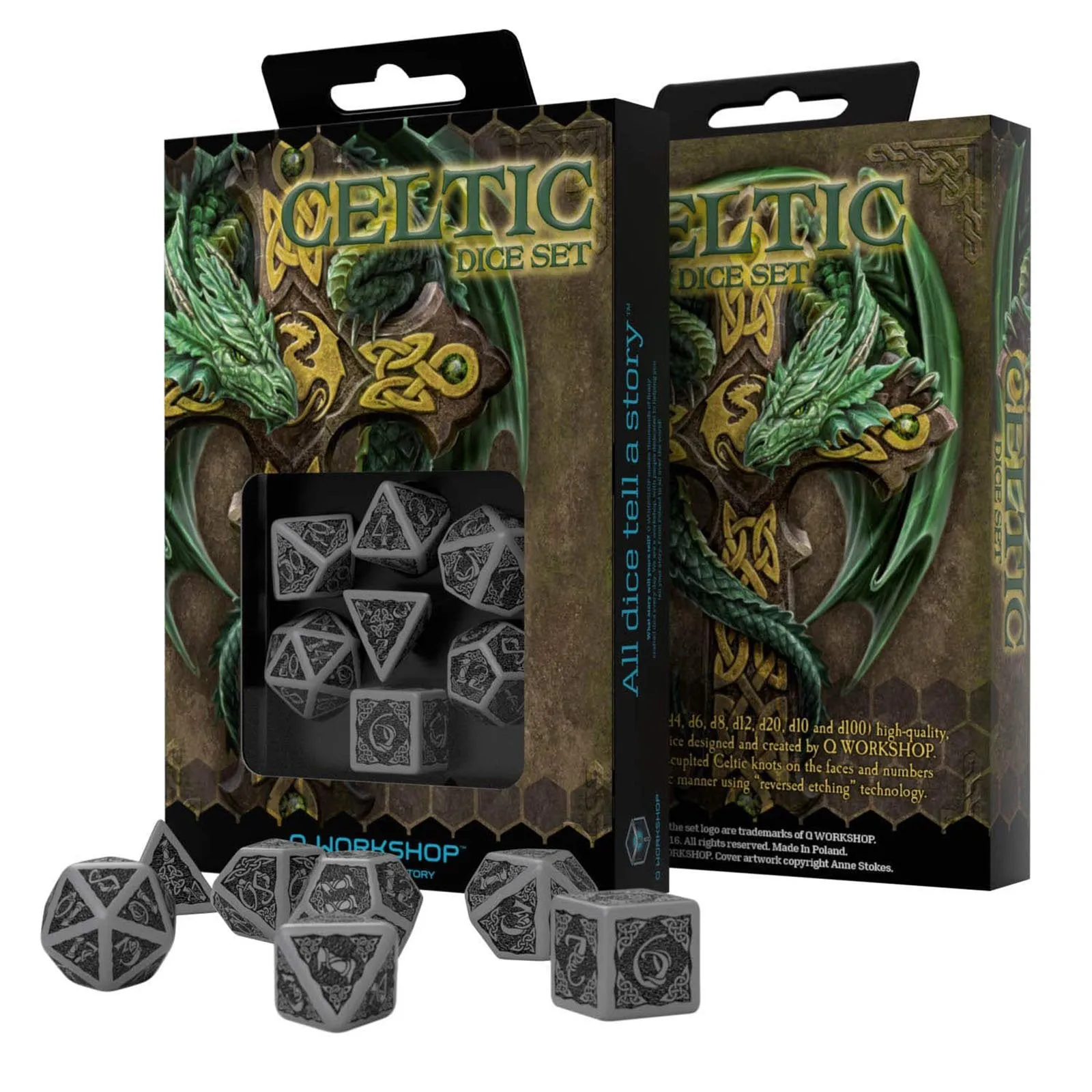 Q-Workshop Celtic Gray Black 7 Piece Dice Set