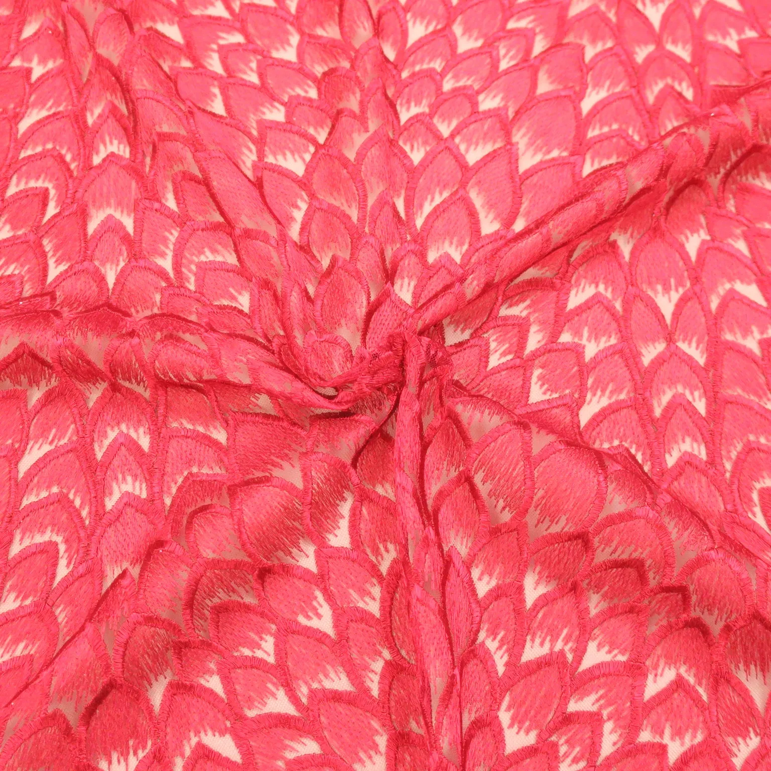 Red Feathers Skin Embroidered Tulle Fabric