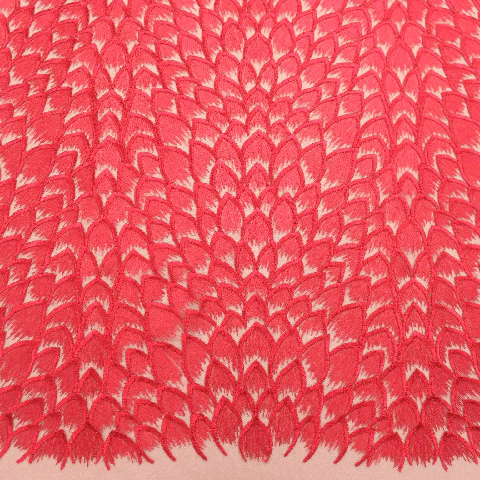 Red Feathers Skin Embroidered Tulle Fabric