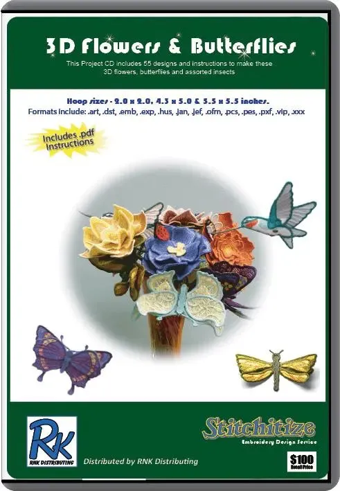 RNK EMBROIDERY DESIGN COLLECTIONS FSL 3D FLOWERS & BUTTERFLIES