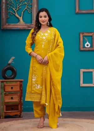 Roman Silk Kurti Pant Set with Chanderi Dupatta – Embroidered 3-Piece Suit