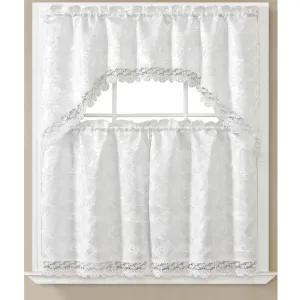 Sara 3 Piece Embroidered Kitchen Curtain Set, White-White, Swag 60x36, Tiers 30x36 Inches