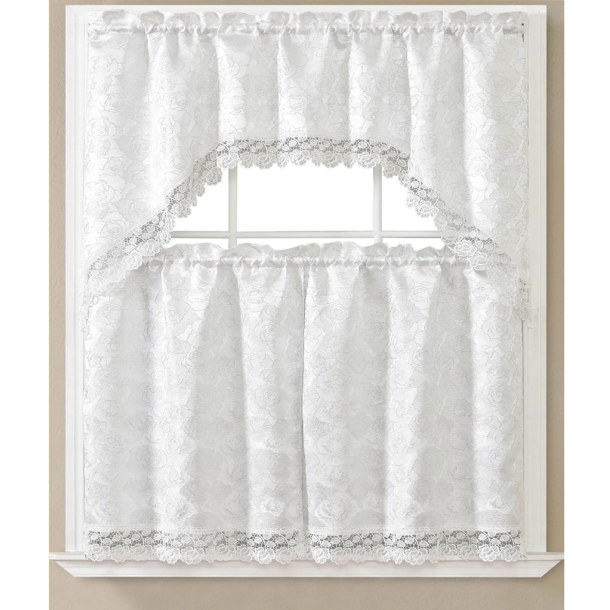 Sara 3 Piece Embroidered Kitchen Curtain Set, White-White, Swag 60x36, Tiers 30x36 Inches
