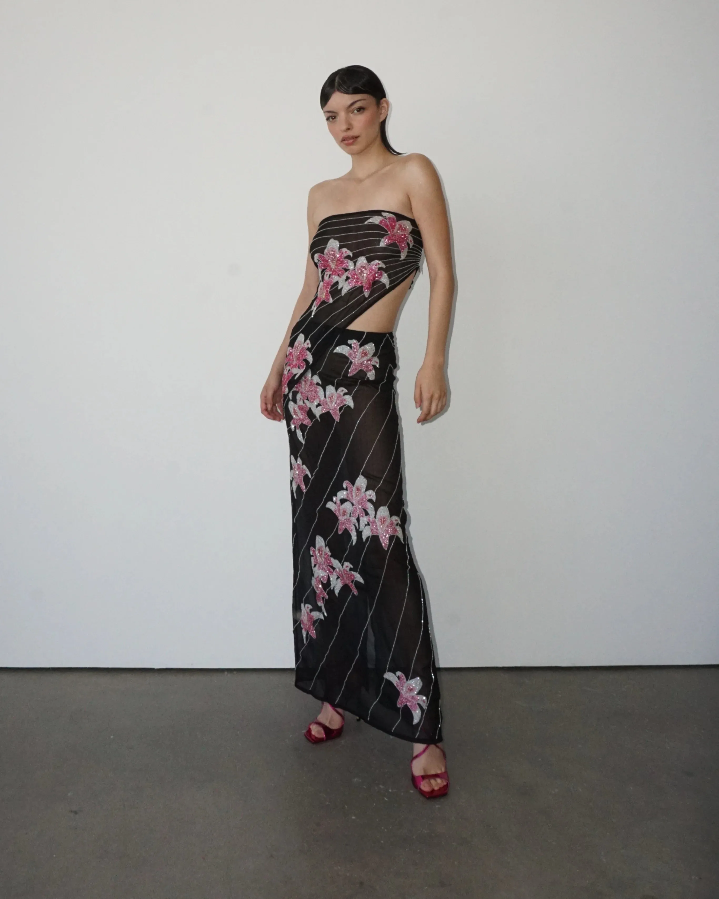Sasha Floral Embellished Georgette Classic Black & Pink Top