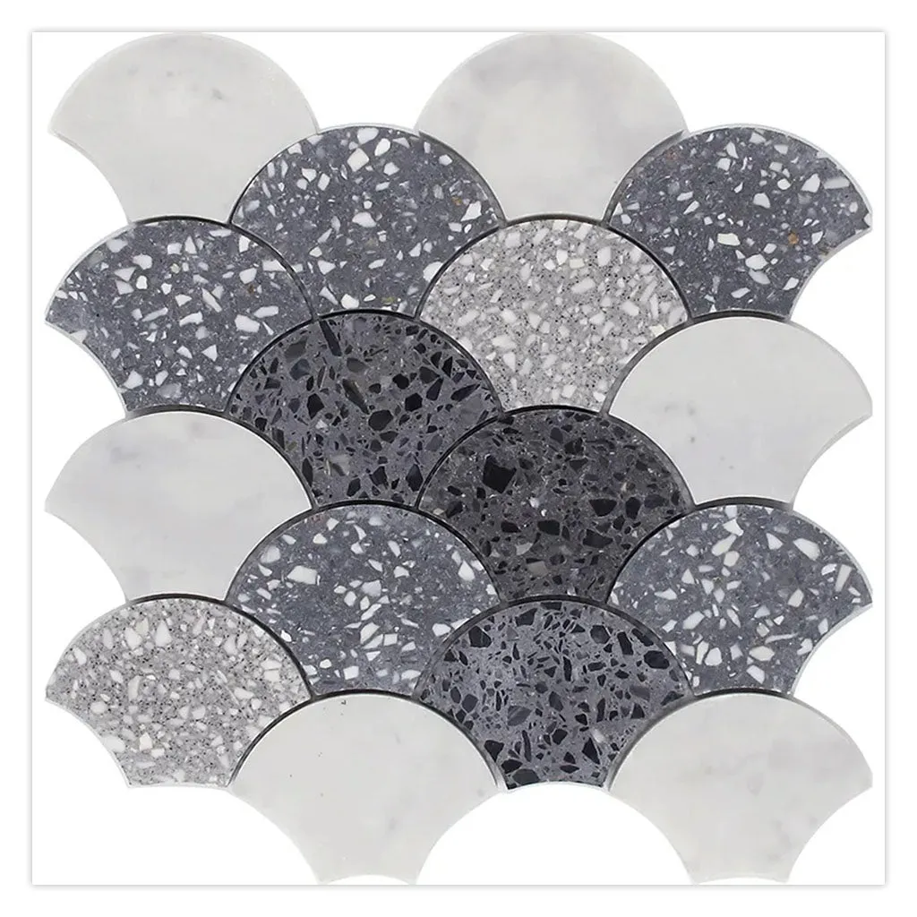 Stellare 12 in. x 12 in. Honed White and Gray Terrazzo, Marble Mosaic Fan, Fish Scale Wall and Floor Tile (5 sq ft/case) - 5 Pack - Sample