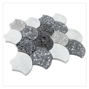 Stellare 12 in. x 12 in. Honed White and Gray Terrazzo, Marble Mosaic Fan, Fish Scale Wall and Floor Tile (5 sq ft/case) - 5 Pack - Sample