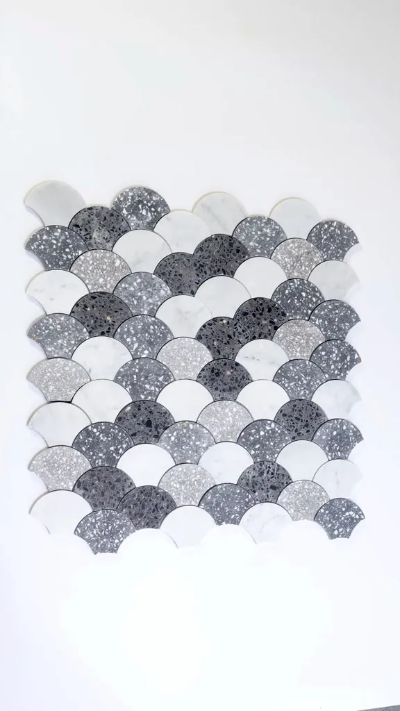 Stellare 12 in. x 12 in. Honed White and Gray Terrazzo, Marble Mosaic Fan, Fish Scale Wall and Floor Tile (5 sq ft/case) - 5 Pack - Sample