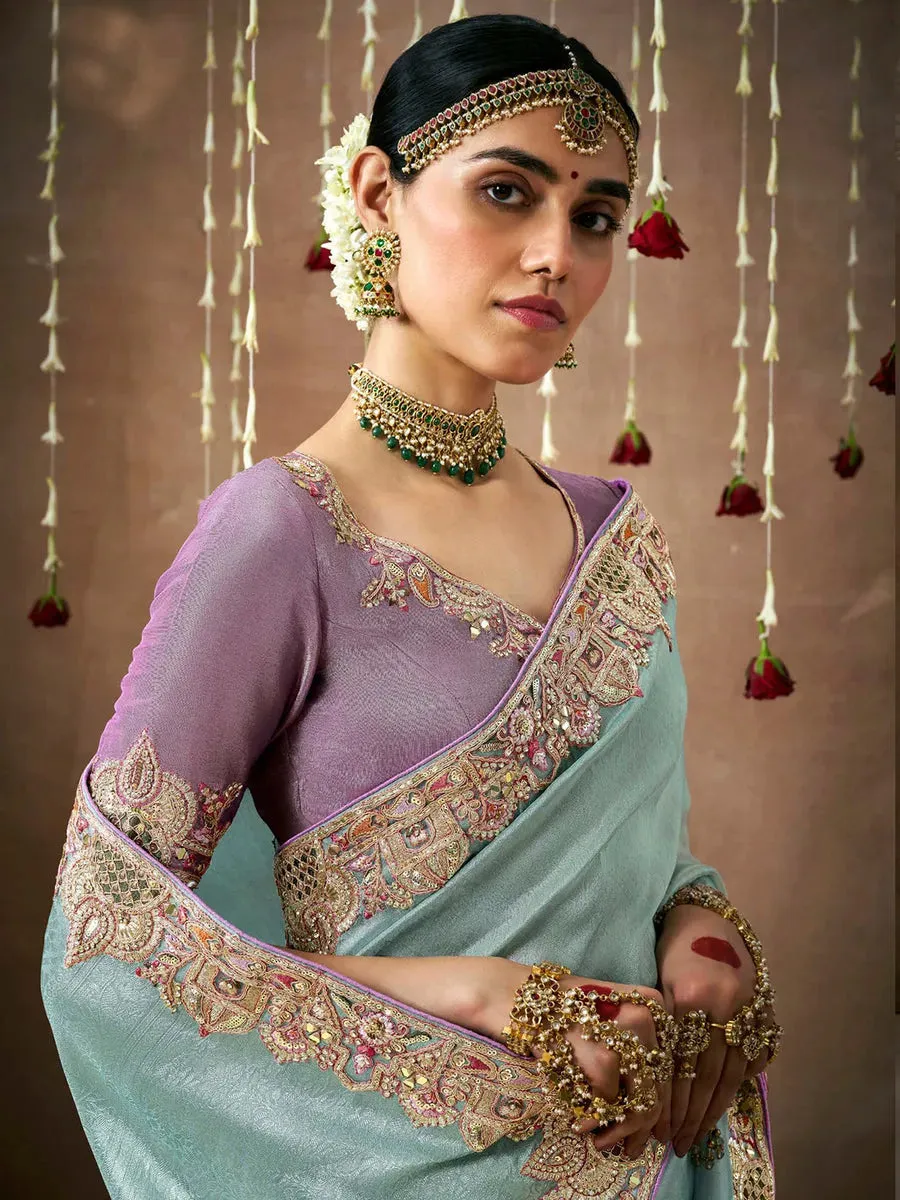 Stunning Sky Blue Designer Silk Embroidered Saree
