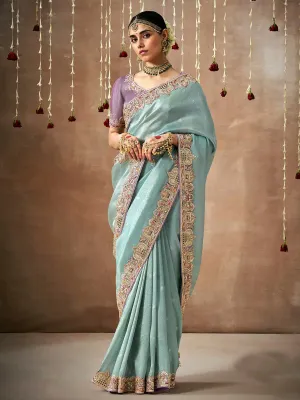 Stunning Sky Blue Designer Silk Embroidered Saree