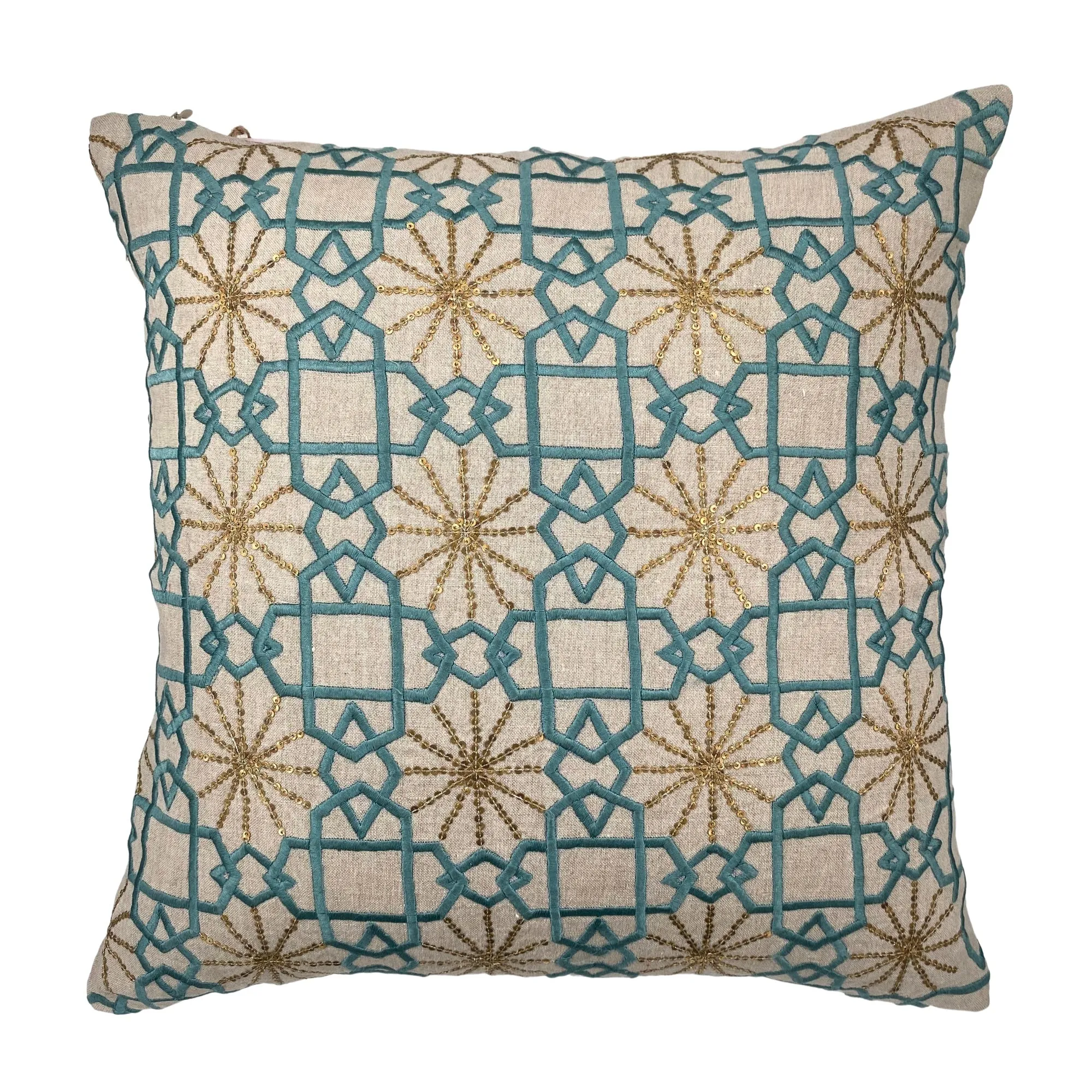 Suzani Linen Cushion Teal Silk Sitara
