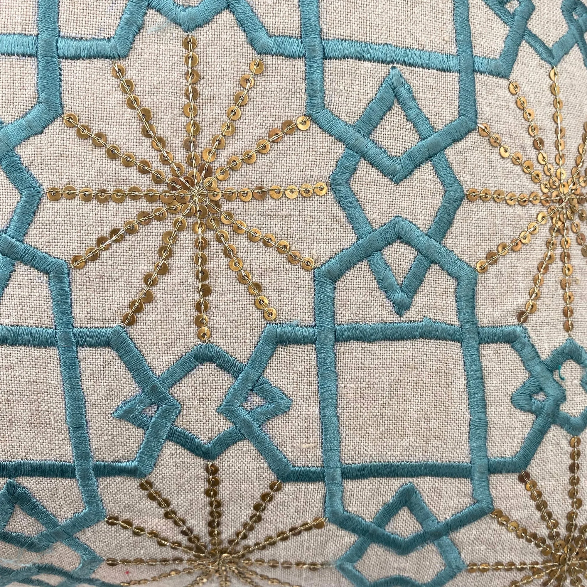Suzani Linen Cushion Teal Silk Sitara