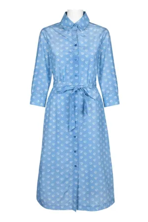 Tucker Collared Floral Silk Cotton Dress with Tie Waist and Long Sleeves