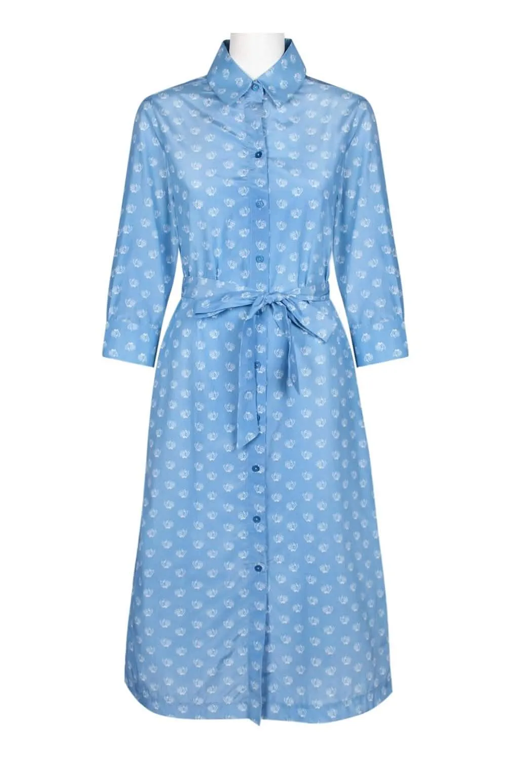 Tucker Collared Floral Silk Cotton Dress with Tie Waist and Long Sleeves