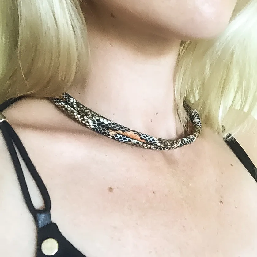 Two-in-one burnt orange snake-effect leather choker-double bracelet