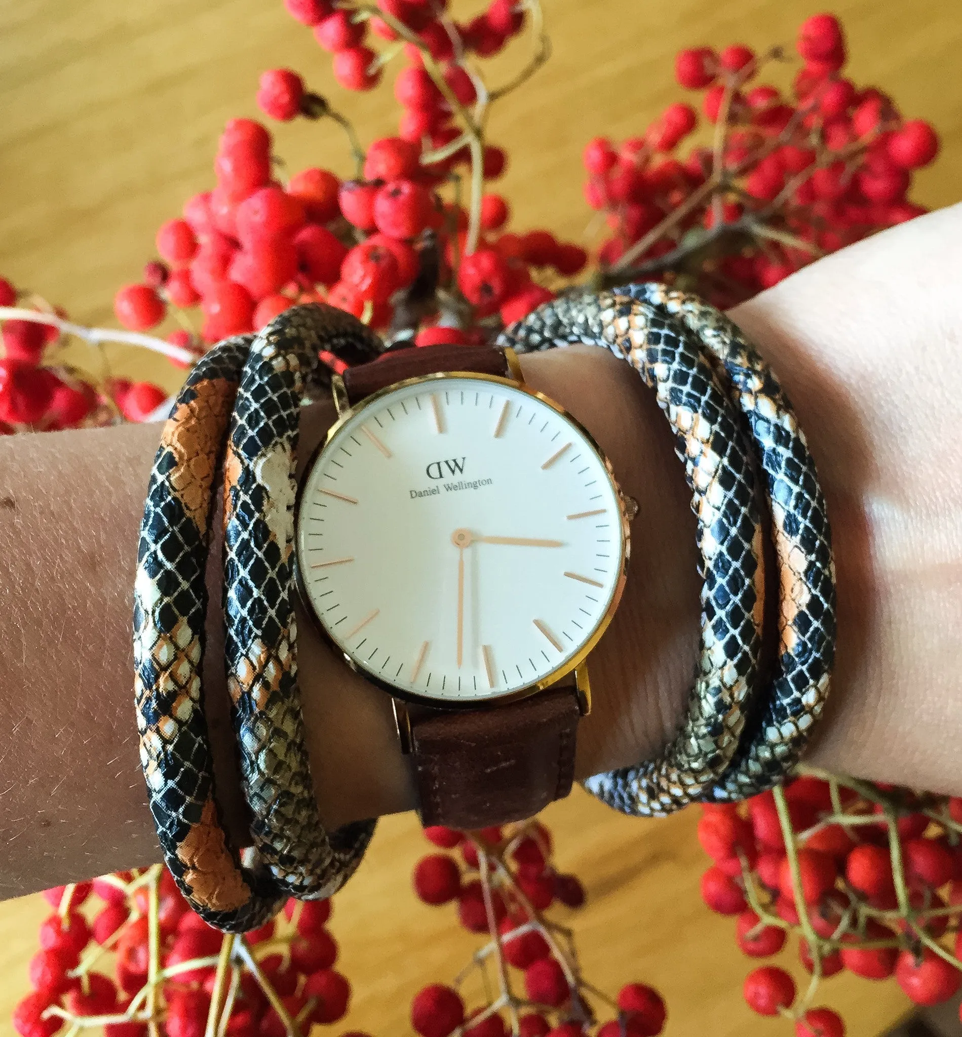Two-in-one burnt orange snake-effect leather choker-double bracelet