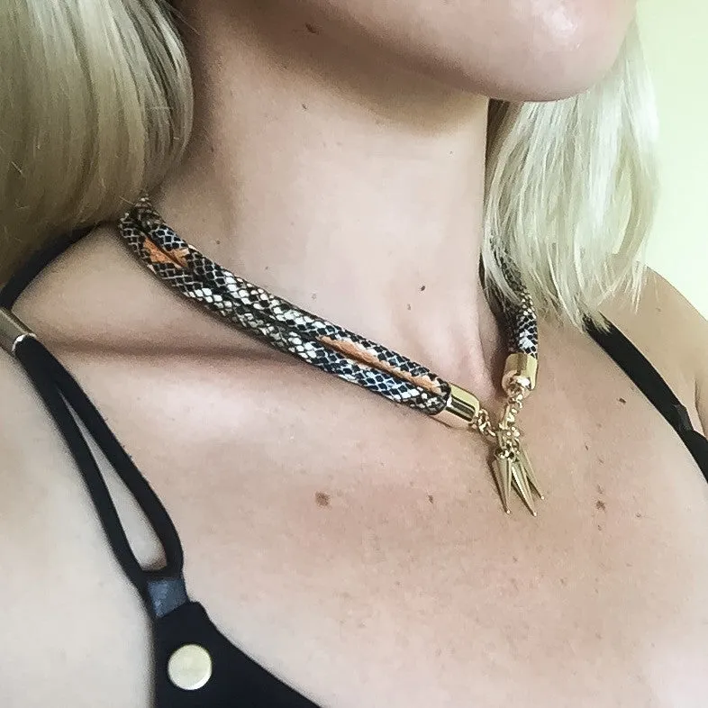 Two-in-one burnt orange snake-effect leather choker-double bracelet
