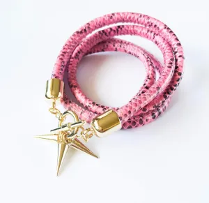 Two-in-one pink snake-effect leather choker-double bracelet